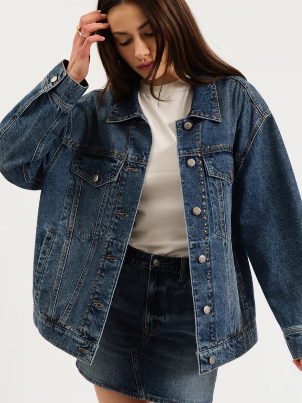 DAZE Beau Boyfriend Denim Studded Jean Jacket in Vintage Blue